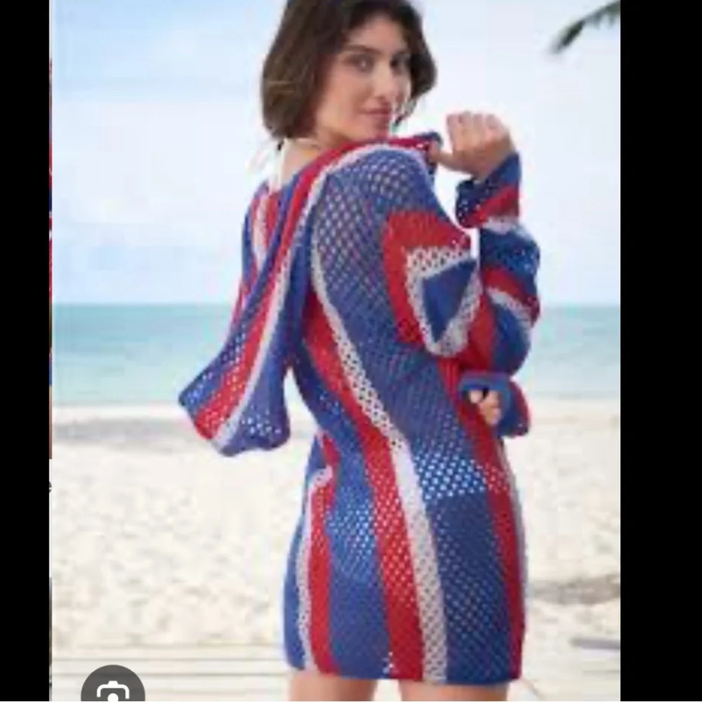 Venus Red White Blue USA Striped Crochet Hoodie Knit Swim Cover-Up Dress - Picture 2 of 9